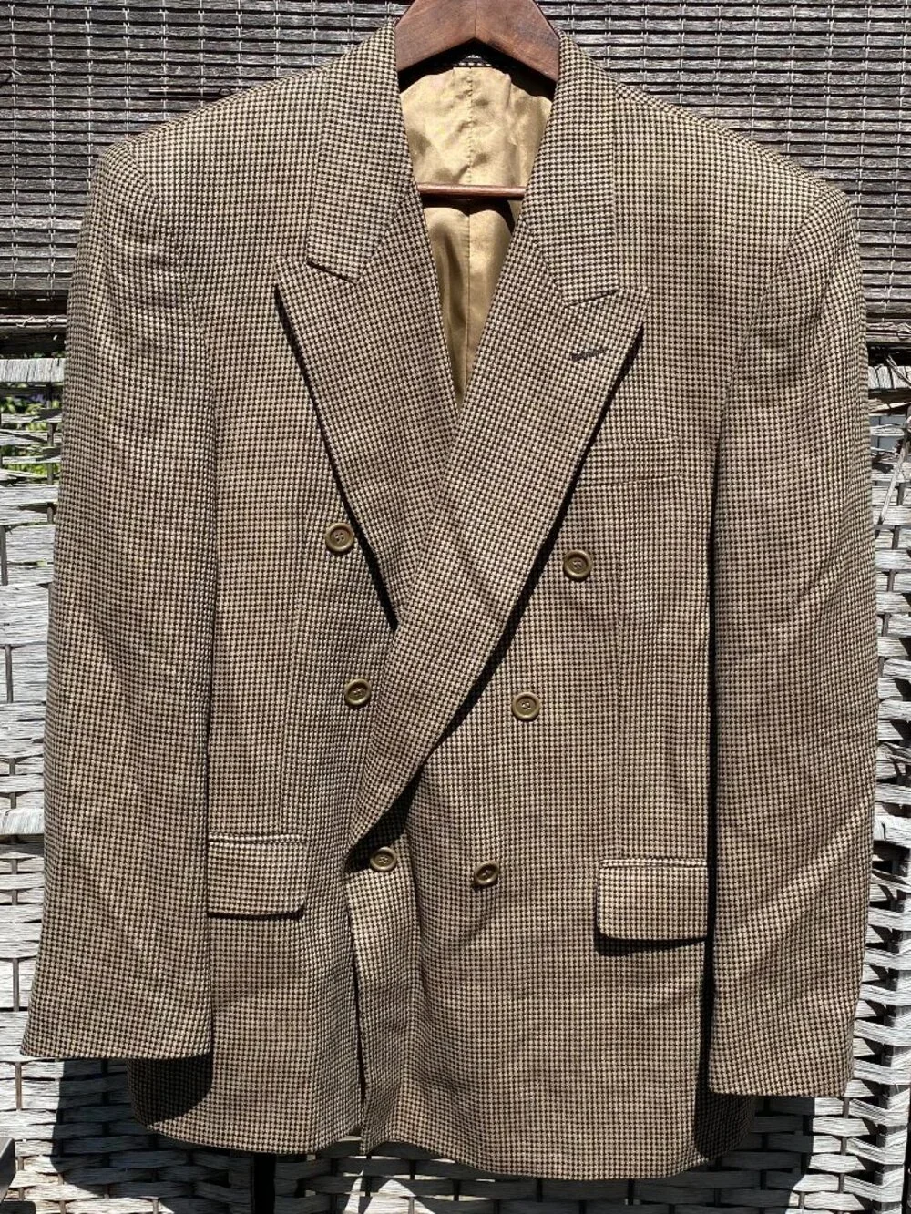 Vintage Pierre Balmain Double Breasted Blazer Houndstooth Brown Black Peak Lapel